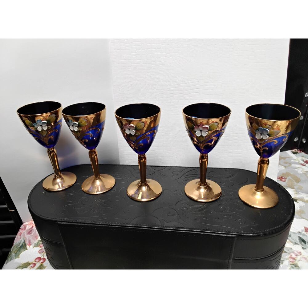 Set of 5 Liqueur glasses Bohemian glass hand painted enamel by Egermann